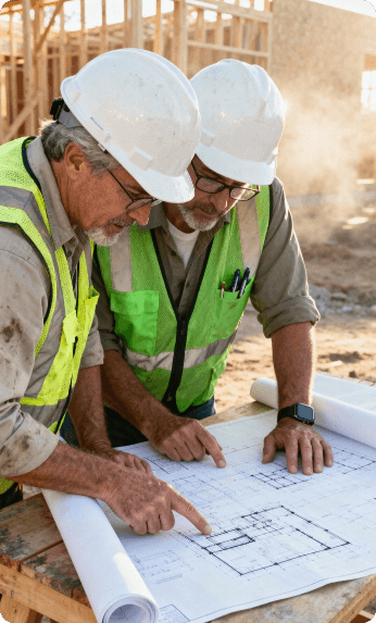 Two architects reviewing blueprints on a construction site
